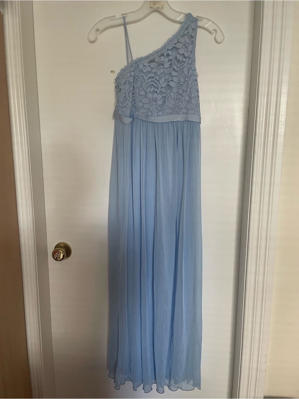 David's Bridal One-Shoulder Lace Bodice Floor-Length Dress in Light Blue